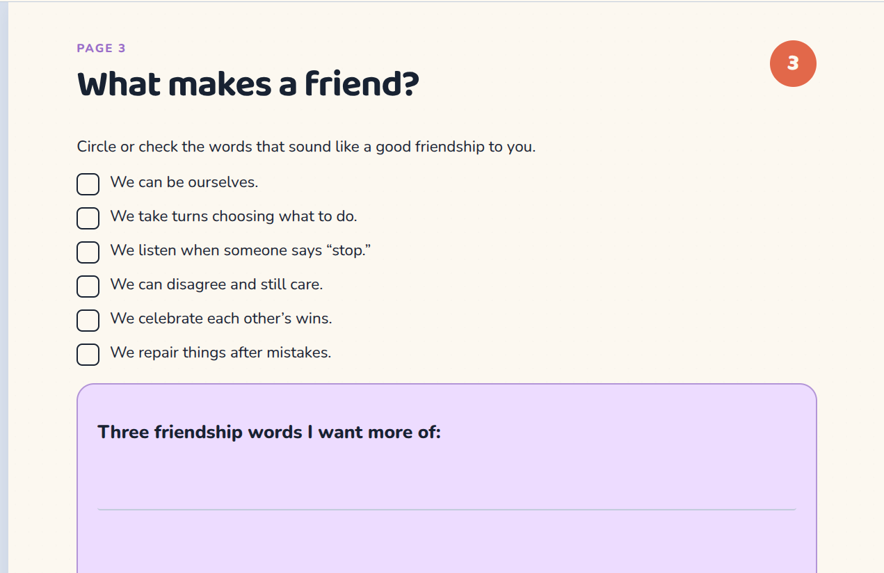My Friendship Skills Workbook 30 pages • ages 6–10 • print or type, picture 3