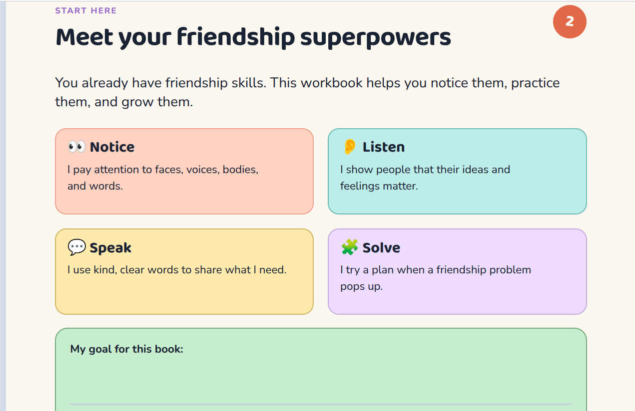 My Friendship Skills Workbook 30 pages • ages 6–10 • print or type, picture 4